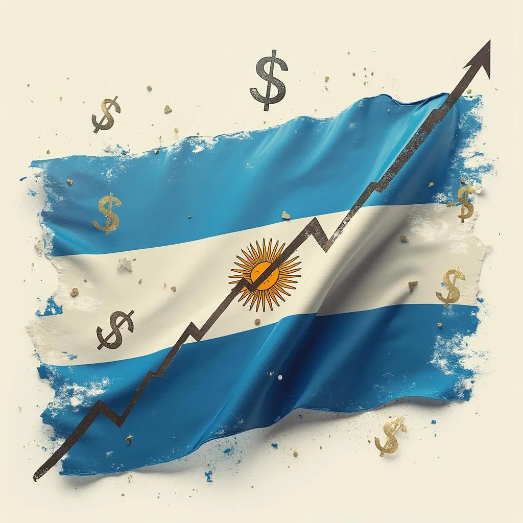 Bandera argentina superpuesta con símbolos económicos