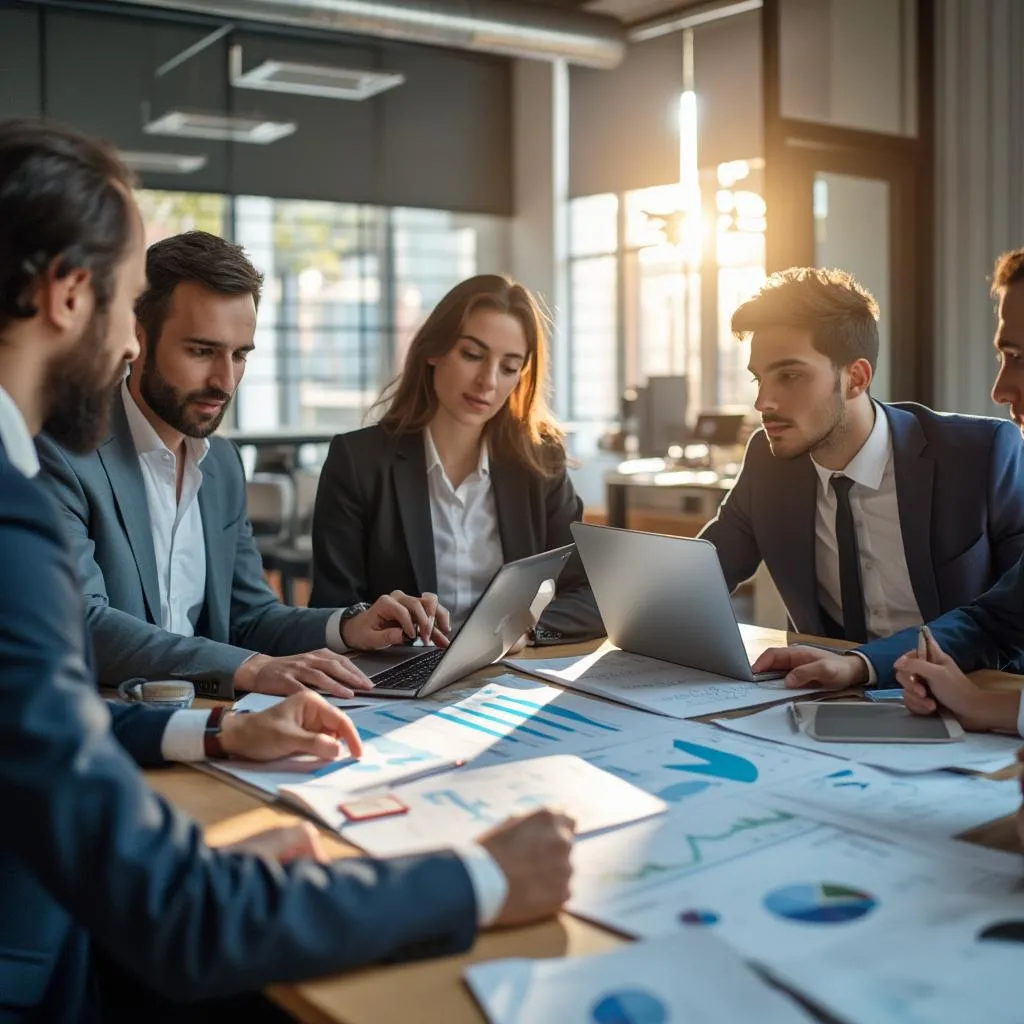 Equipo de FinanzasArg colaborando en estrategias financieras en una oficina moderna en Buenos Aires